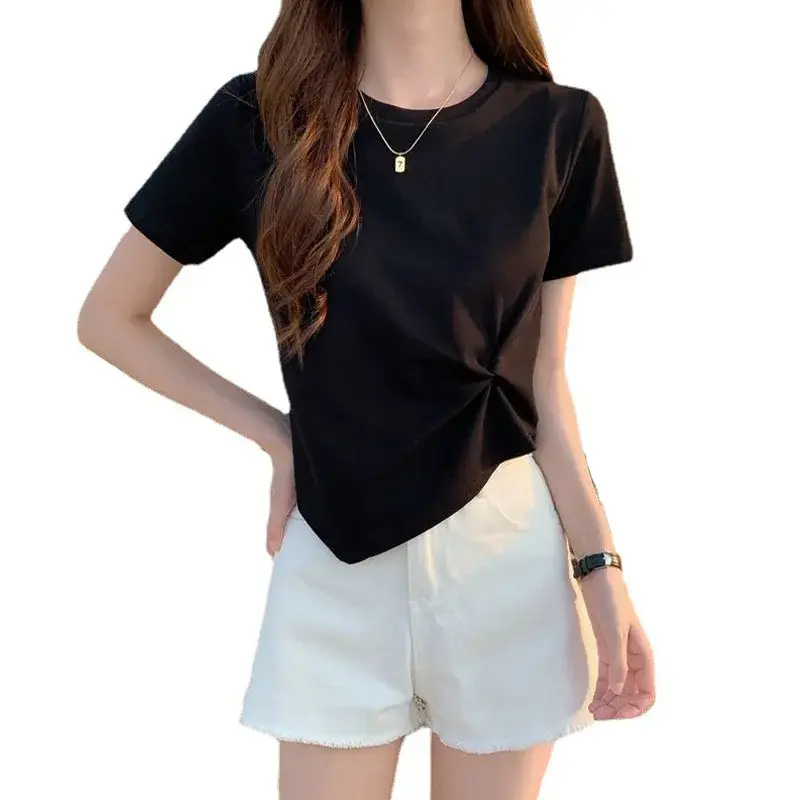 Slim Fit Short Sleeve T-Shirt for Girls Casual Thin Summer Design round Neck Uneven Hemline Polyester Fiber Student Fashion