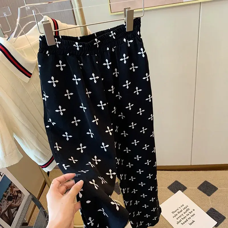 Casual Wide Leg Pants Women's High Waist Draped Loose Slimming Straight Floor-Length Trousers with Pockets Cross Print