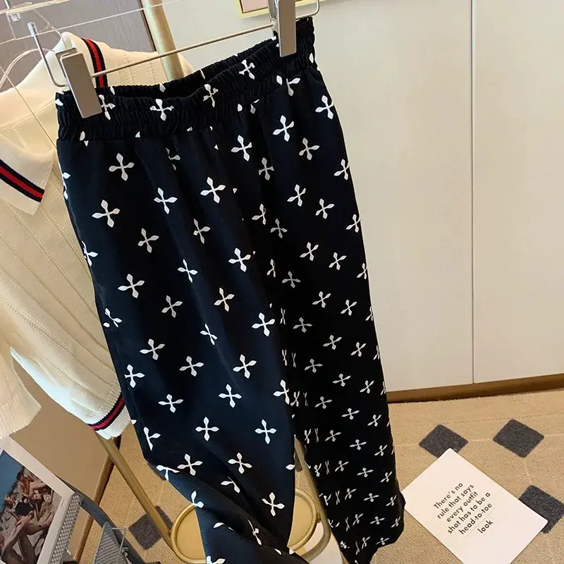 Casual Wide Leg Pants Women's High Waist Draped Loose Slimming Straight Floor-Length Trousers with Pockets Cross Print