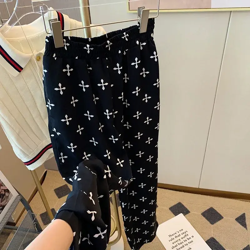 Casual Wide Leg Pants Women's High Waist Draped Loose Slimming Straight Floor-Length Trousers with Pockets Cross Print