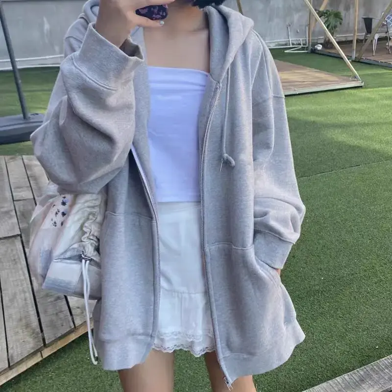 Plus Size Grey Long Sleeve Hooded Sweatshirt New 2021 Autumn Loose Fit Hong Kong Style Top Trendy Women's Clothing