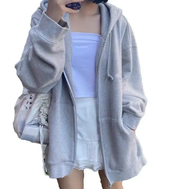 Plus Size Grey Long Sleeve Hooded Sweatshirt New 2021 Autumn Loose Fit Hong Kong Style Top Trendy Women's Clothing