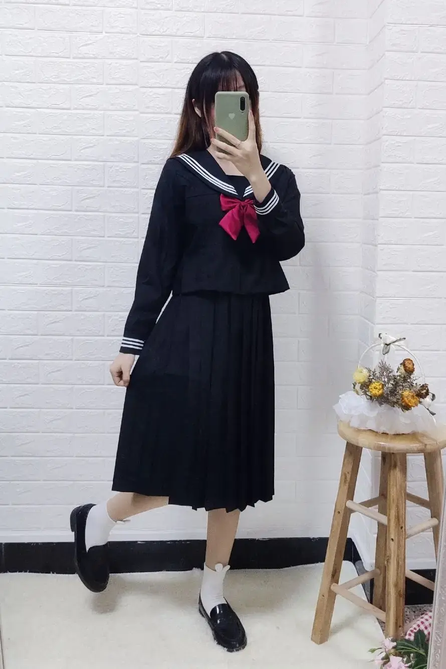 Authentic Japanese Student Uniform Set Black Sailor Suit Long Skirt Women's Cosplay Costume Traditional School Uniform