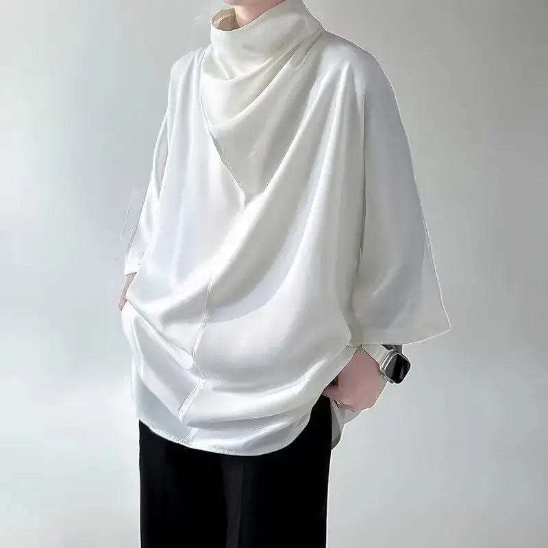 Elegant Draped Heavy Duty Loose Fit Clothes 2024 Summer High Stack Sleeves Men's Style Design Sensibility Half Sleeve T-shirt