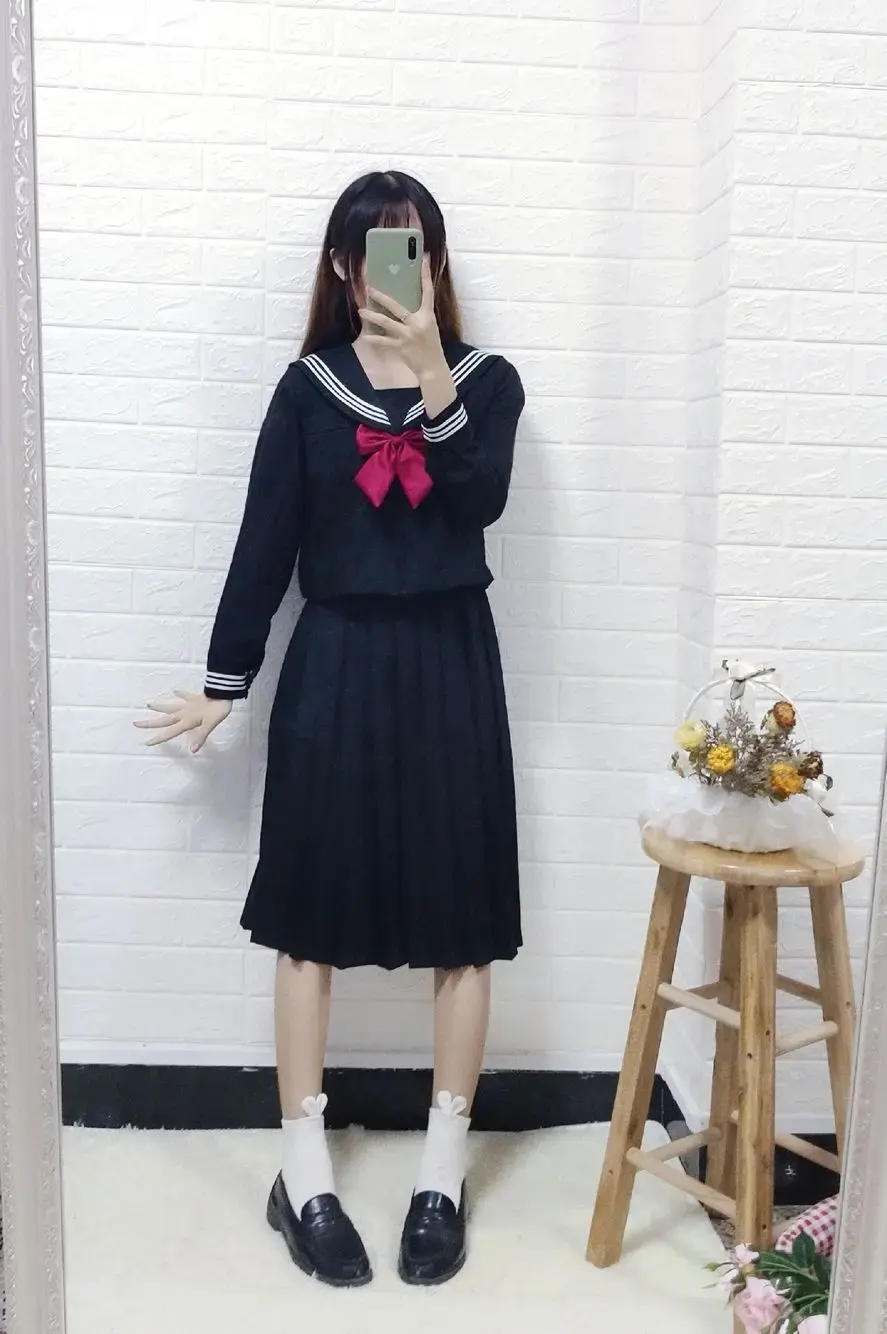 Authentic Japanese Student Uniform Set Black Sailor Suit Long Skirt Women's Cosplay Costume Traditional School Uniform