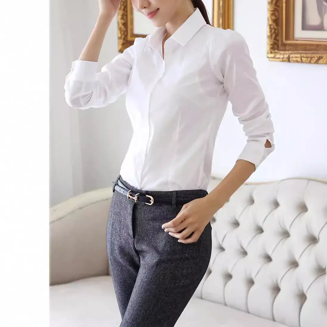 Spring Autumn 2024 Women's Slim Fit Chiffon Long Sleeve Shirt Professional Workwear Korean Style Button up Blouse