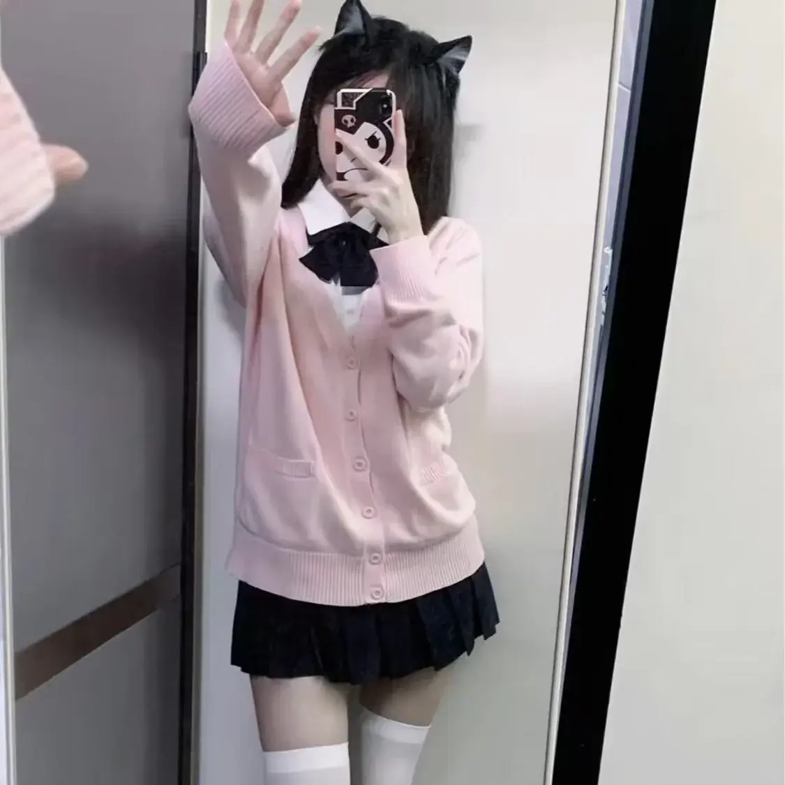 JK Uniform Sweater Cardigan Jacket Women's Autumn/Winter Japanese Style Preppy Feeling Piled Pink Long Sleeve Knit Top