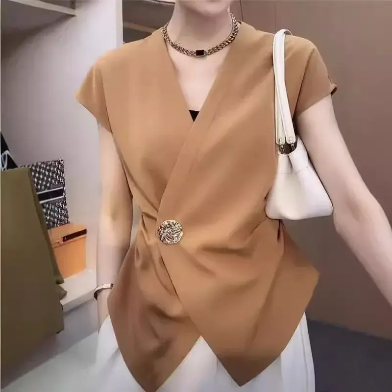 Slim Fit Short Sleeve Shirt Women's V-neck T-shirt French Design Sensation Summer Fashion Top Quality Polyester Fiber