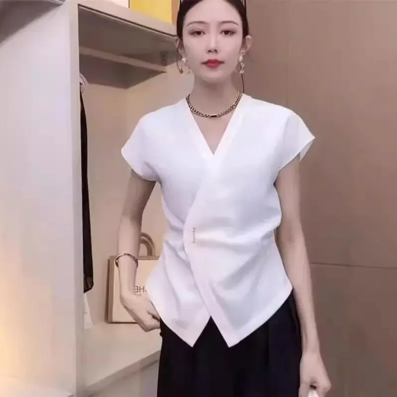 Slim Fit Short Sleeve Shirt Women's V-neck T-shirt French Design Sensation Summer Fashion Top Quality Polyester Fiber