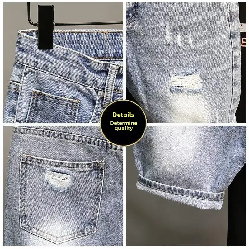 Trendy Blue Denim Shorts For Men Casual Style Slim Fit Korean Version Ripped Pockets Summer Lightweight Trousers