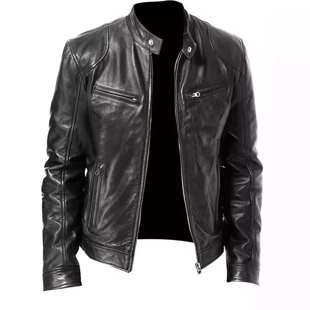 Southern Winter Warm Button Fashion Motorcycle Men's Multi-Pocket PU Jacket Stand Collar Zipper Open Cardigan Leather Jacket