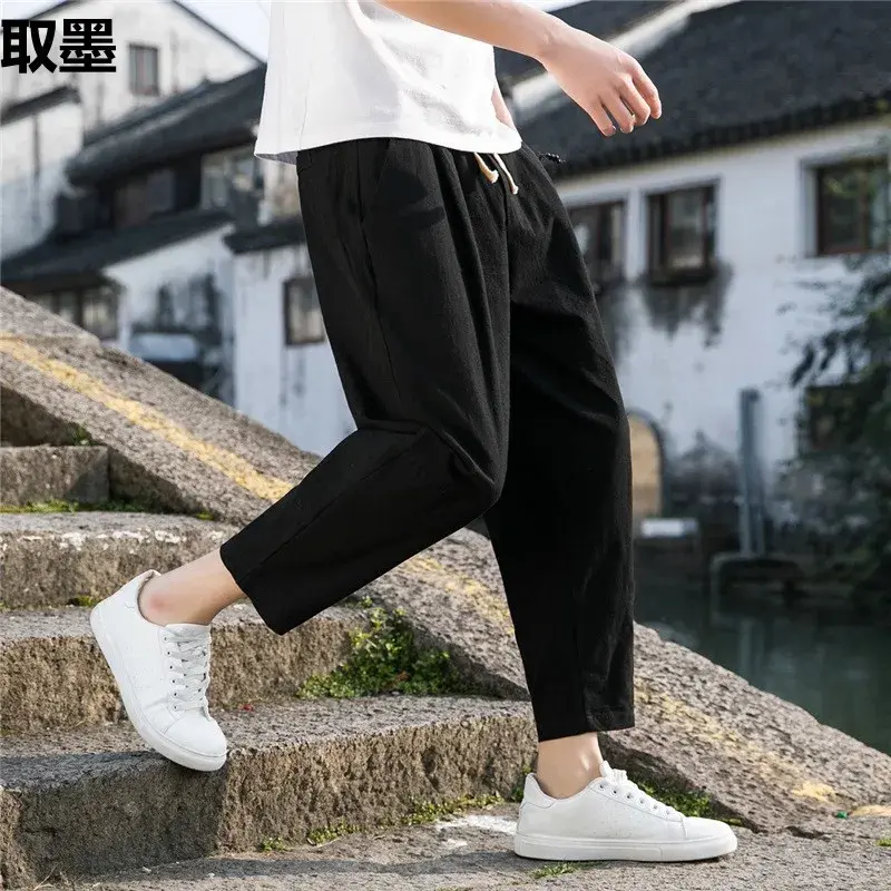 New Chinese Style Men's Cotton Linen Pants Summer Thin Loose Fit Bell Bottoms Casual Pants Simple Cropped Pants For Men
