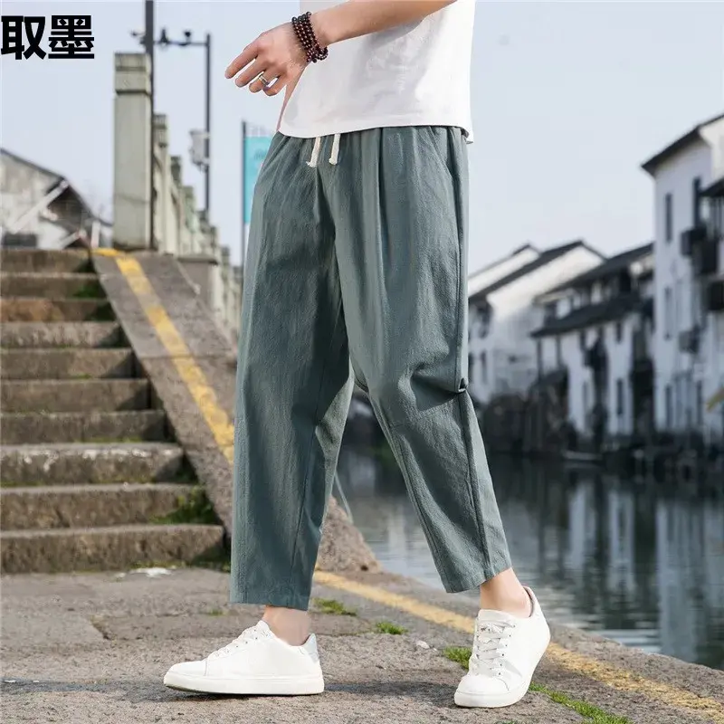 New Chinese Style Men's Cotton Linen Pants Summer Thin Loose Fit Bell Bottoms Casual Pants Simple Cropped Pants For Men
