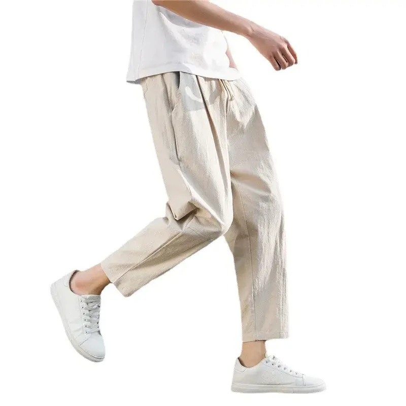 New Chinese Style Men's Cotton Linen Pants Summer Thin Loose Fit Bell Bottoms Casual Pants Simple Cropped Pants For Men