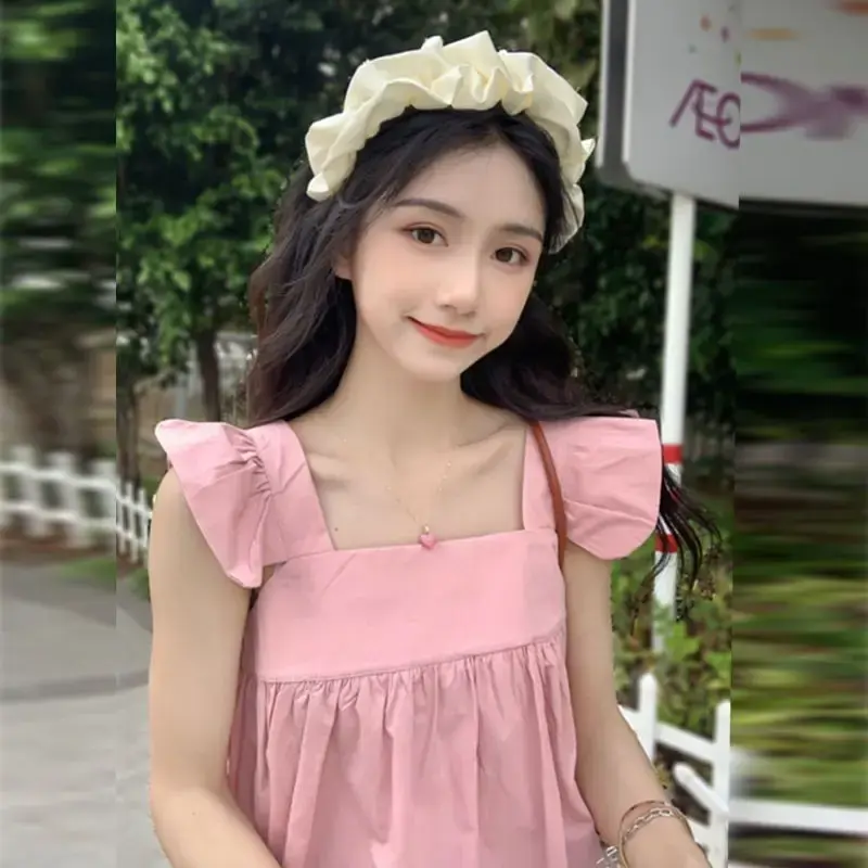 Summer Korean Style French Slimming Tank Top Women's Niche Sweet Shirt Polyester Fiber Square Collar Strapless Backless Top