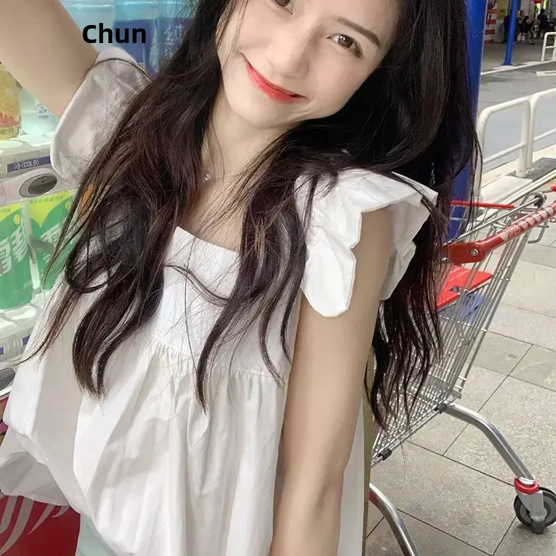 Summer Korean Style French Slimming Tank Top Women's Niche Sweet Shirt Polyester Fiber Square Collar Strapless Backless Top