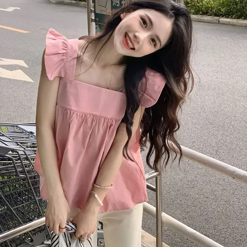 Summer Korean Style French Slimming Tank Top Women's Niche Sweet Shirt Polyester Fiber Square Collar Strapless Backless Top
