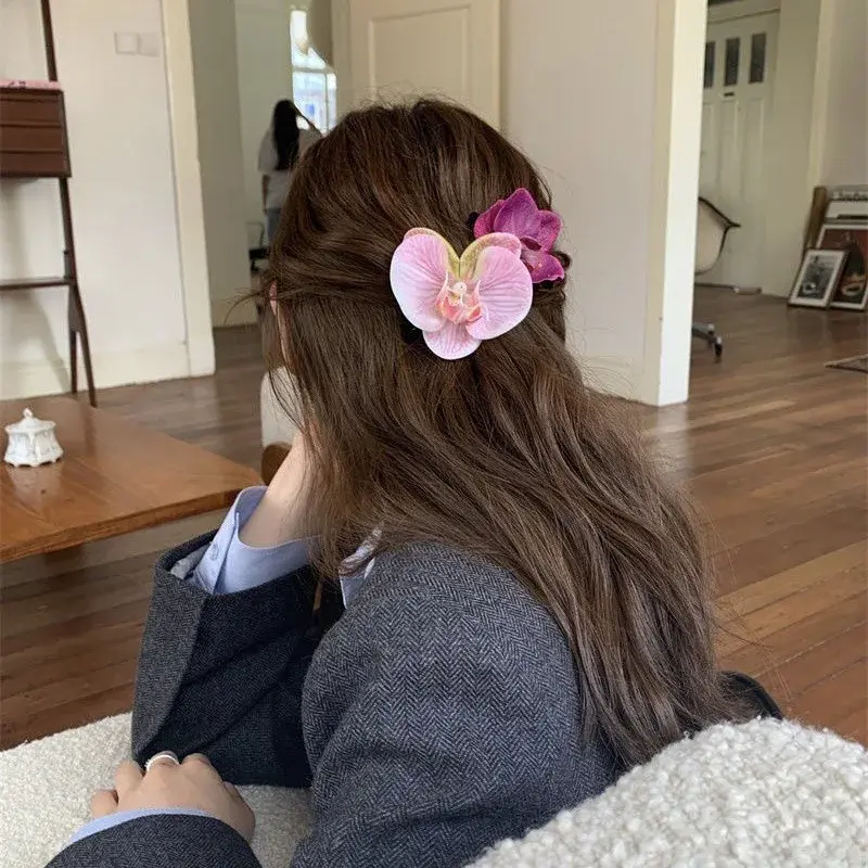 Sweet Pink Butterfly Orchid Hair Clip Women's New 2025 Photography Flower Duckbill Clip Spring Summer Side Hair Accessories