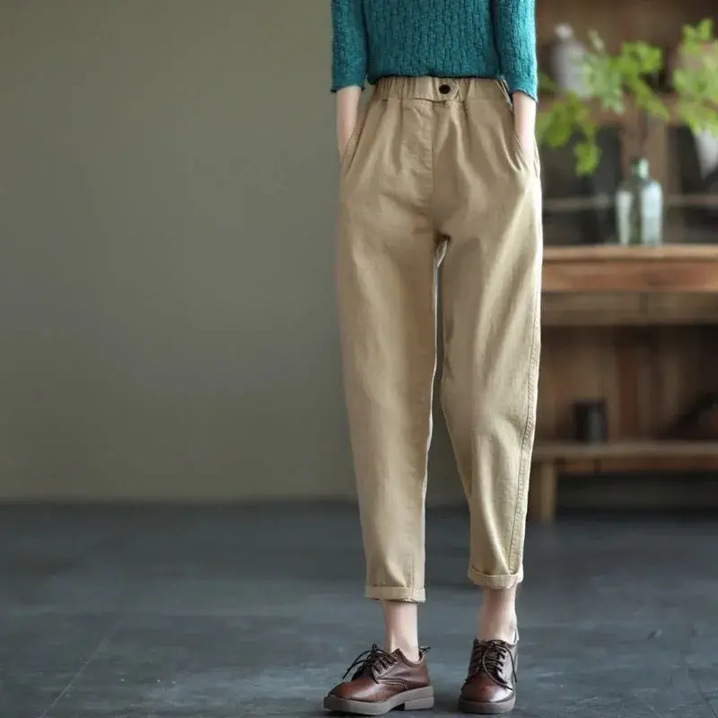Retro Large Size Pure Cotton Harlan Nine-Piece Women's Casual Loose Slimming Pants Spring Autumn New Arrival
