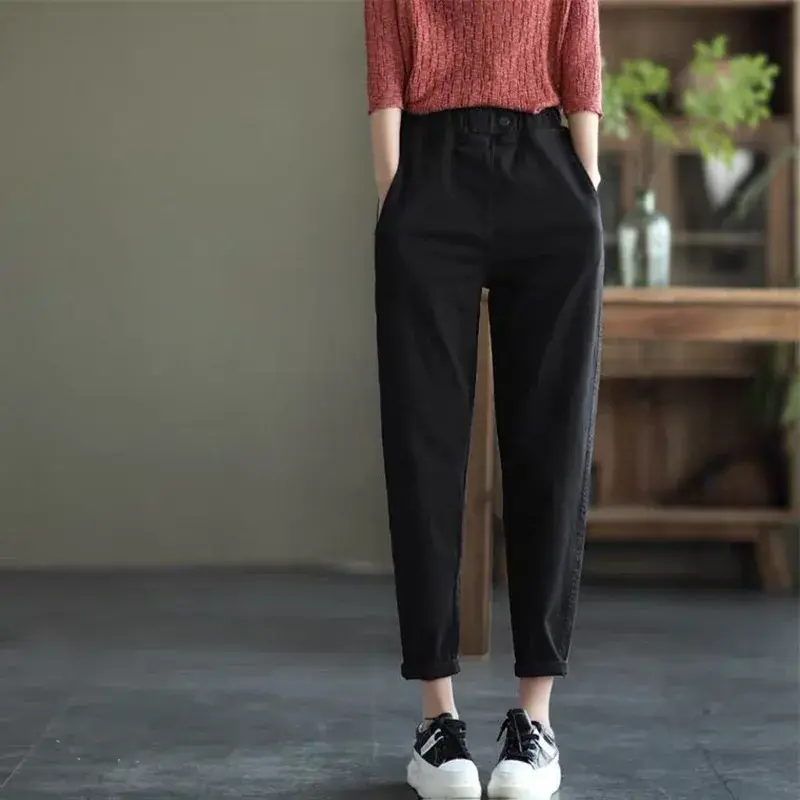 Retro Large Size Pure Cotton Harlan Nine-Piece Women's Casual Loose Slimming Pants Spring Autumn New Arrival