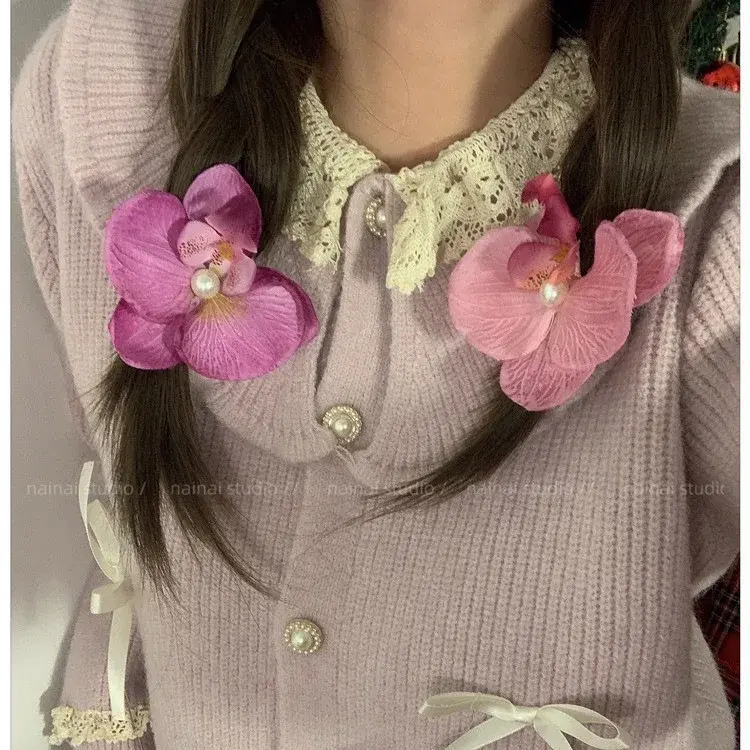 Sweet Pink Butterfly Orchid Hair Clip Women's New 2025 Photography Flower Duckbill Clip Spring Summer Side Hair Accessories