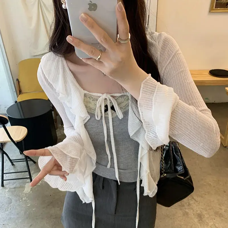 Pure Desire Age-Reducing Korean-Style Ruffle Edge Sun Protection Cardigan T-Shirt Women's Early Autumn Anti-Barrel Horn Long Sle