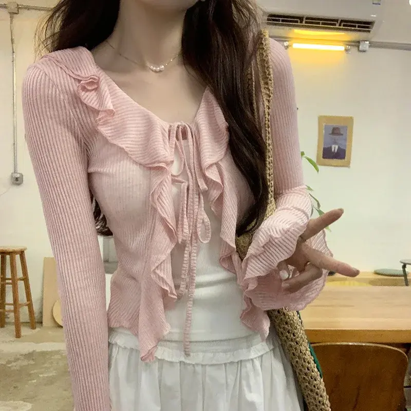 Pure Desire Age-Reducing Korean-Style Ruffle Edge Sun Protection Cardigan T-Shirt Women's Early Autumn Anti-Barrel Horn Long Sle