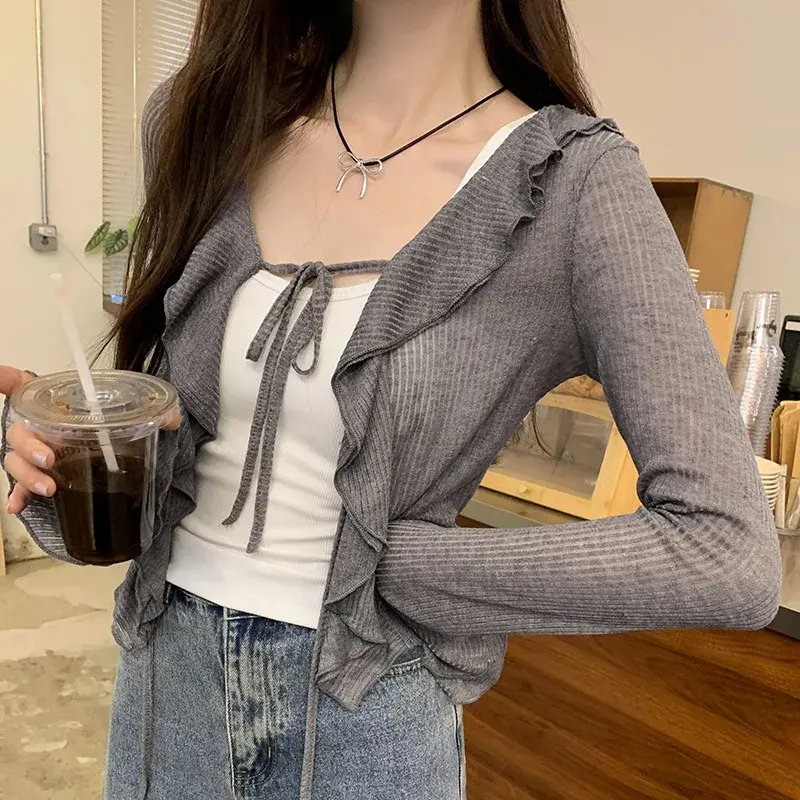 Pure Desire Age-Reducing Korean-Style Ruffle Edge Sun Protection Cardigan T-Shirt Women's Early Autumn Anti-Barrel Horn Long Sle