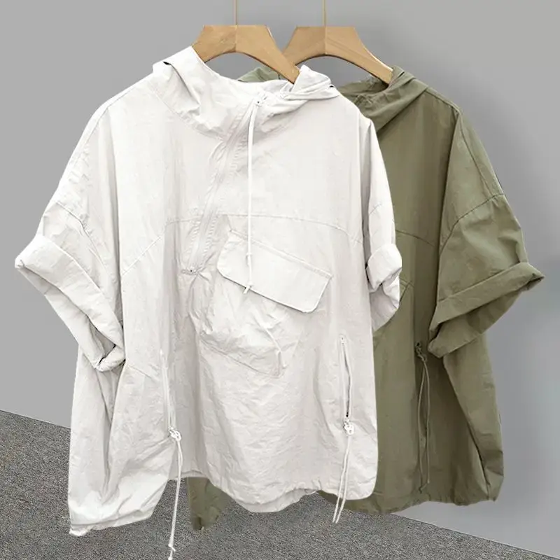 Extra Large 200 Pounds Short Sleeve Hooded Loose Fit Sun Protection Shirt Men's Summer Casual Thin Versatile T-Shirt