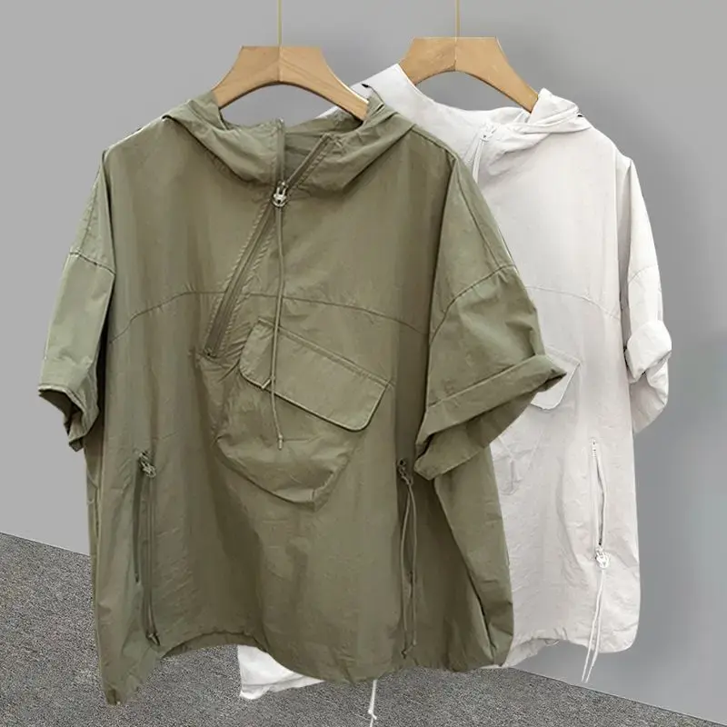 Extra Large 200 Pounds Short Sleeve Hooded Loose Fit Sun Protection Shirt Men's Summer Casual Thin Versatile T-Shirt