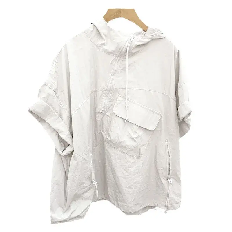 Extra Large 200 Pounds Short Sleeve Hooded Loose Fit Sun Protection Shirt Men's Summer Casual Thin Versatile T-Shirt