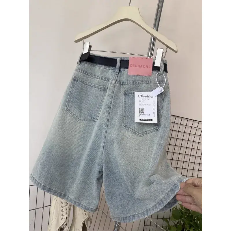 Retro Light Wash Pleated Denim Shorts Women's High Waist Slimming Five-Quarter Wide Leg Mid-Pants Summer New Arrival