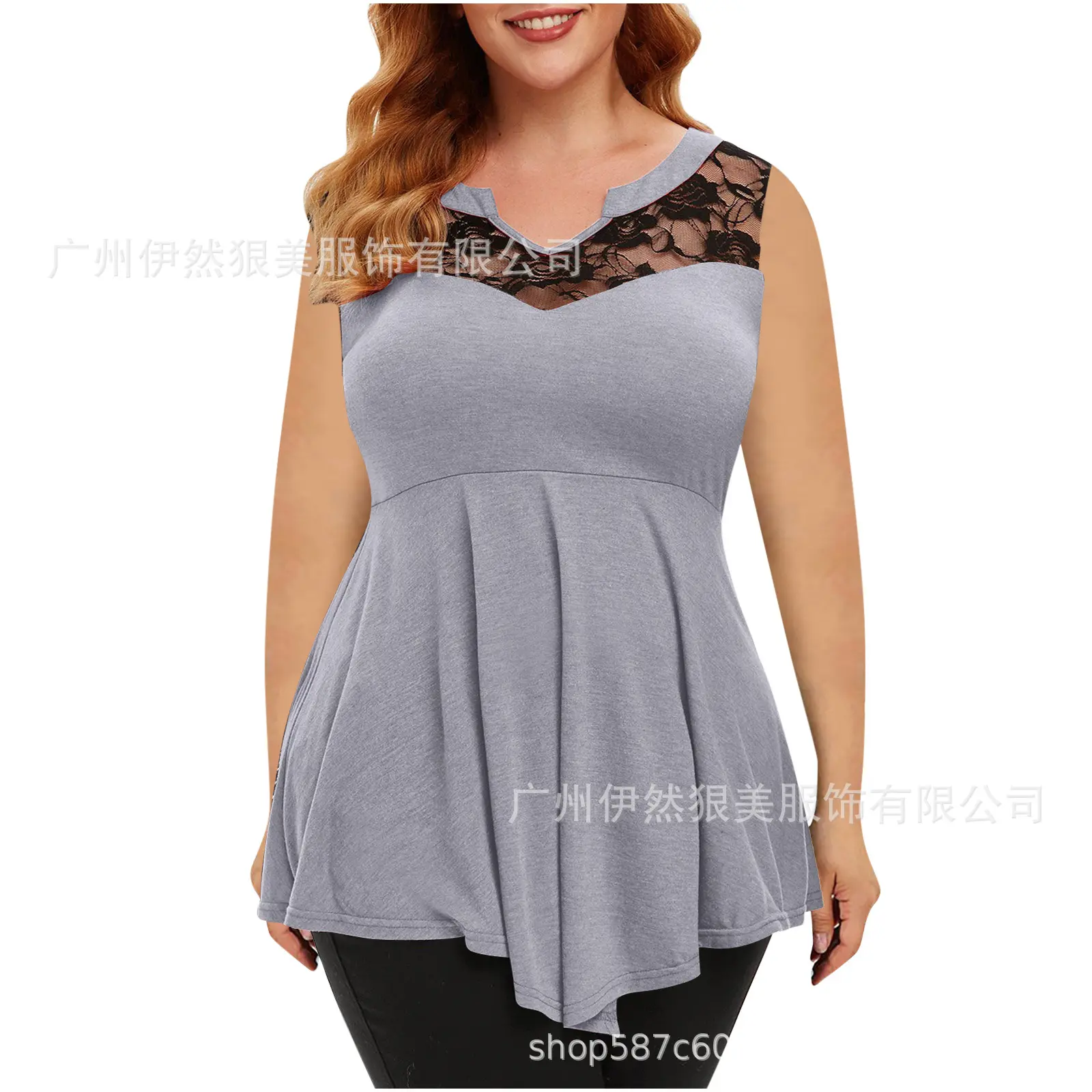 Cross-Border New Women's Large Size Floral Lace Sleeveless Irregular Hem V-Neck Female Top Cotton Commute Style T-shirt