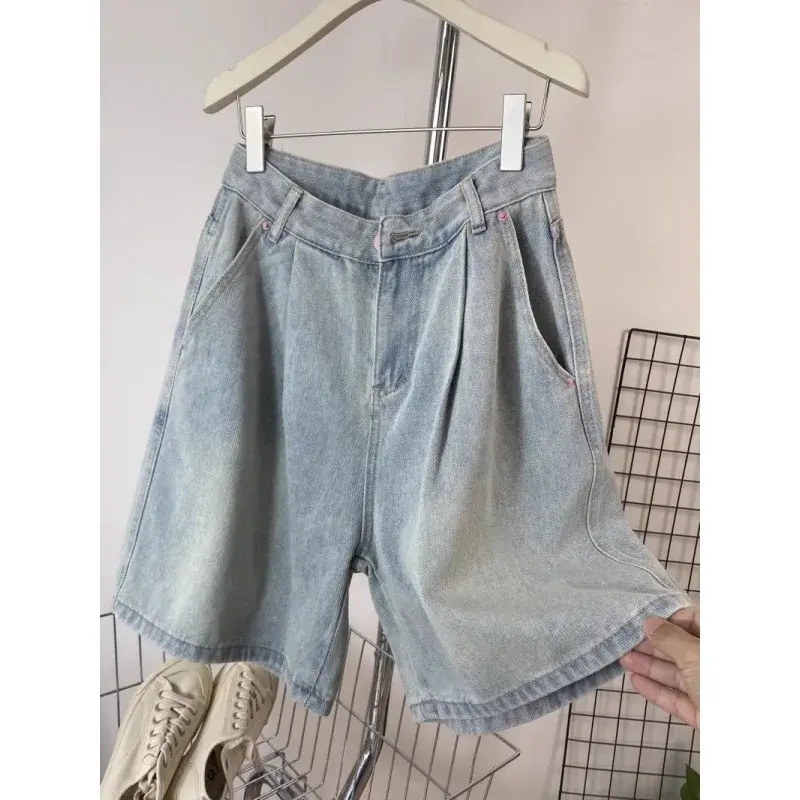 Retro Light Wash Pleated Denim Shorts Women's High Waist Slimming Five-Quarter Wide Leg Mid-Pants Summer New Arrival