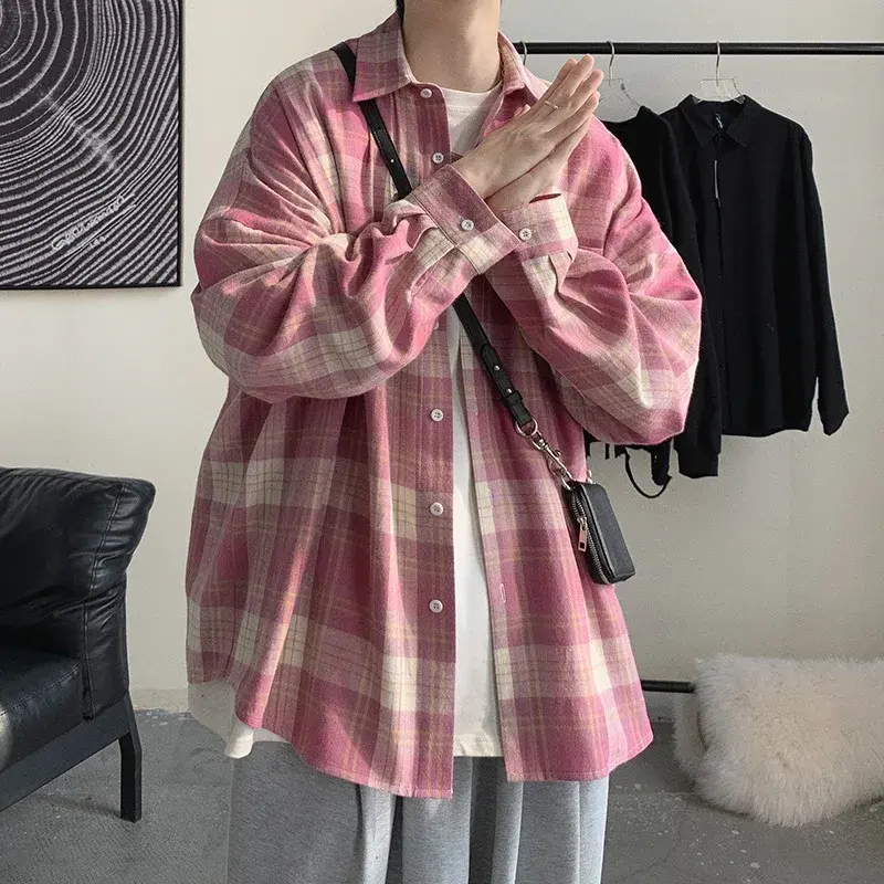 Casual Plaid Shirt Men's Summer Thin Long Sleeve T-shirt Trendy Brand Couple Ice Silk Loose-fit Sunscreen Jacket Top