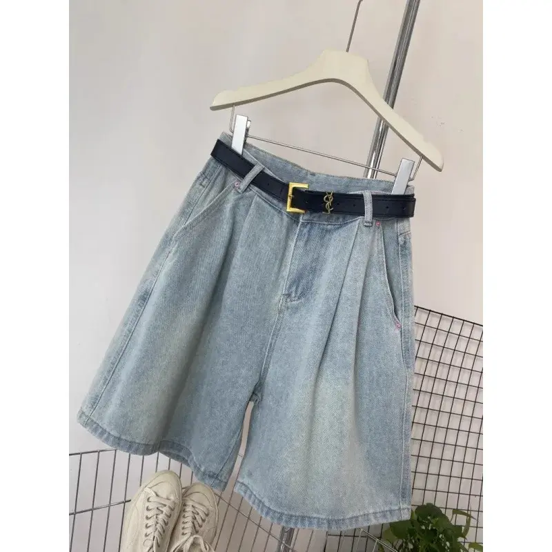 Retro Light Wash Pleated Denim Shorts Women's High Waist Slimming Five-Quarter Wide Leg Mid-Pants Summer New Arrival