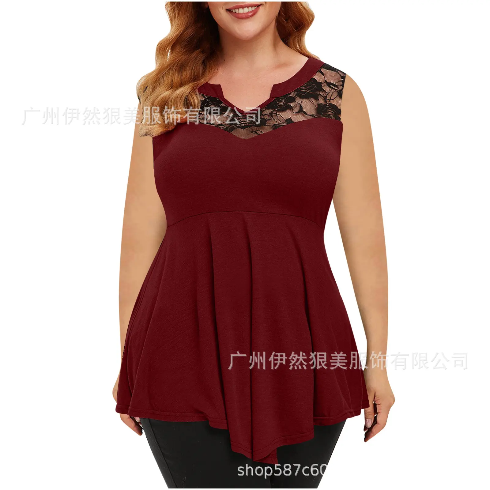 Cross-Border New Women's Large Size Floral Lace Sleeveless Irregular Hem V-Neck Female Top Cotton Commute Style T-shirt