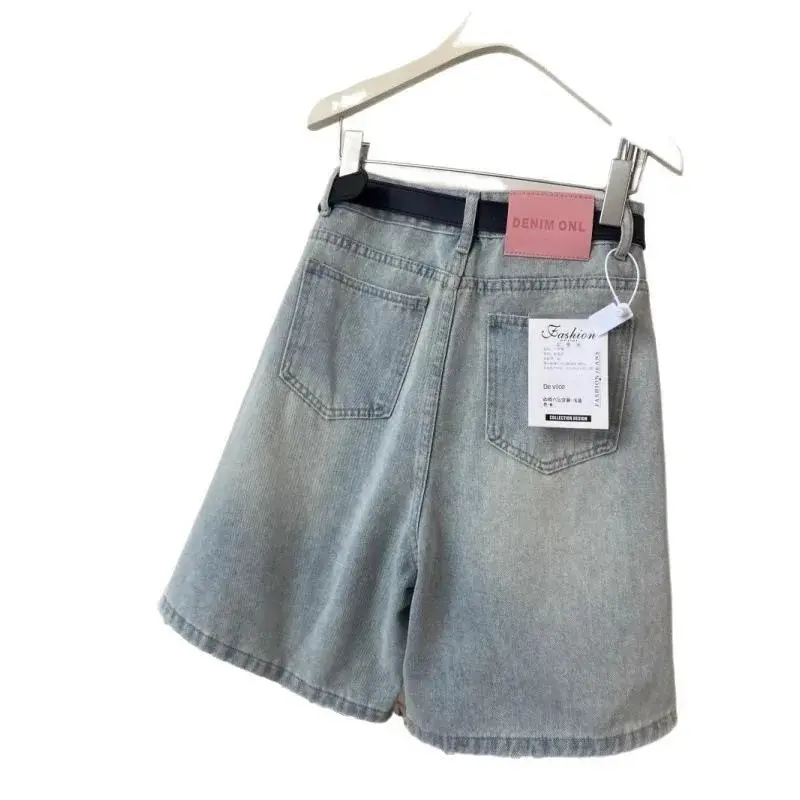 Retro Light Wash Pleated Denim Shorts Women's High Waist Slimming Five-Quarter Wide Leg Mid-Pants Summer New Arrival