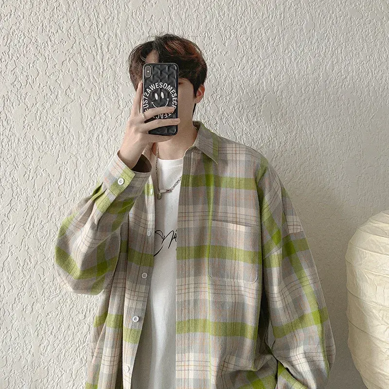 Casual Plaid Shirt Men's Summer Thin Long Sleeve T-shirt Trendy Brand Couple Ice Silk Loose-fit Sunscreen Jacket Top