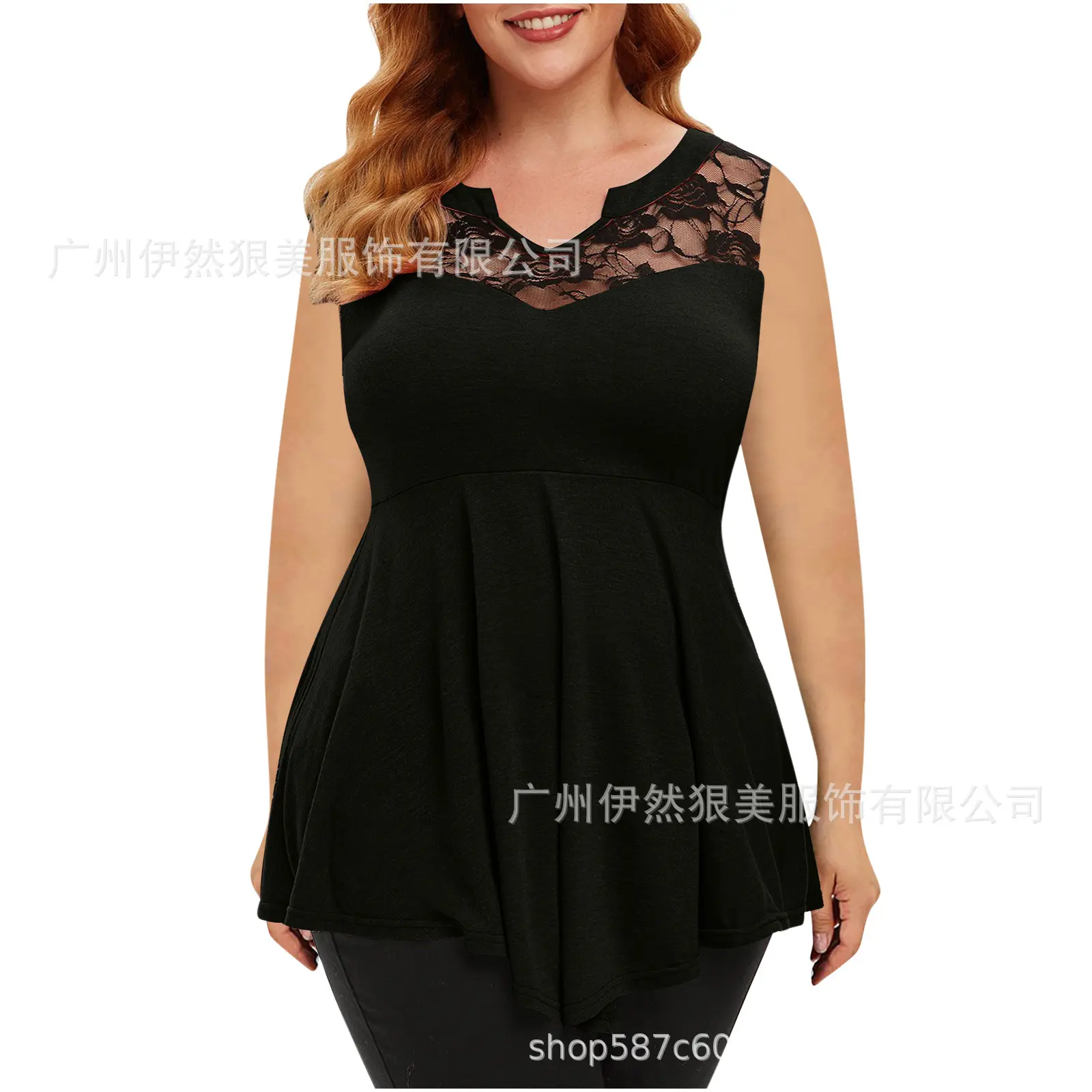 Cross-Border New Women's Large Size Floral Lace Sleeveless Irregular Hem V-Neck Female Top Cotton Commute Style T-shirt