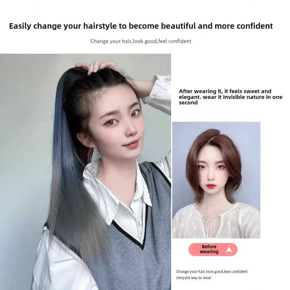 Long Straight Hair Extensions Women's Natural Seamless Wig Tail Clip High Ponytail Gradient Brown Black Grey Mist Blue