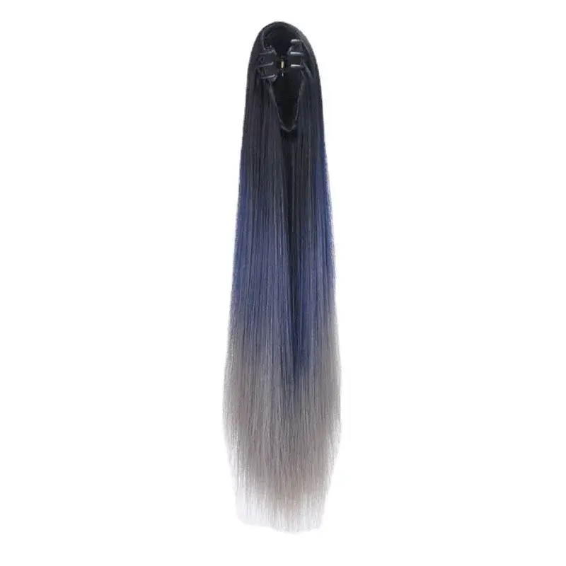 Long Straight Hair Extensions Women's Natural Seamless Wig Tail Clip High Ponytail Gradient Brown Black Grey Mist Blue