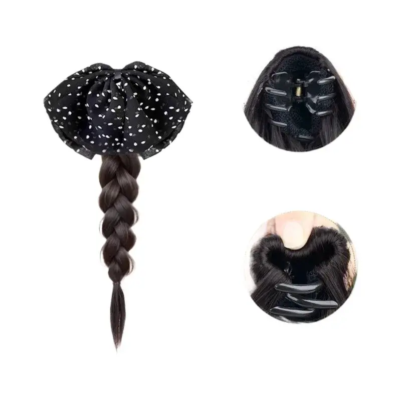 Polka Dot Butterfly Knot Low Ponytail Fake Hair Braid Long Braid Hair Accessory Claw Clip Fake Hair Braid Tail