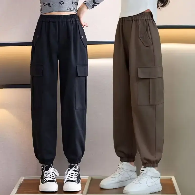 Autumn Cargo Pants For Girls Kids Casual Trousers New 2024 Trendy Korean Style Bunded Feet Children's Pants