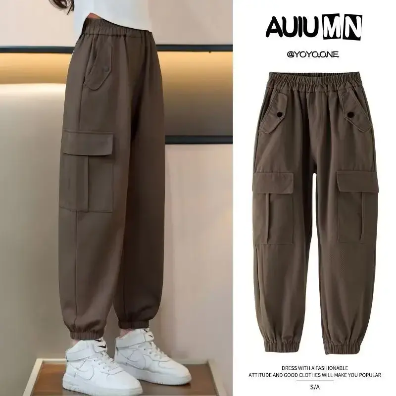 Autumn Cargo Pants For Girls Kids Casual Trousers New 2024 Trendy Korean Style Bunded Feet Children's Pants