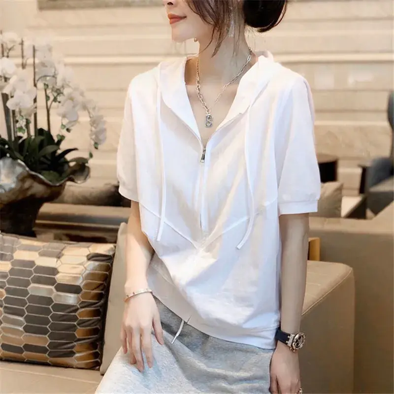 Trendy Cotton Zipper Hooded Top Women's Short Sleeves Casual Korean Style Spring Summer New Arrival Outside China Trade