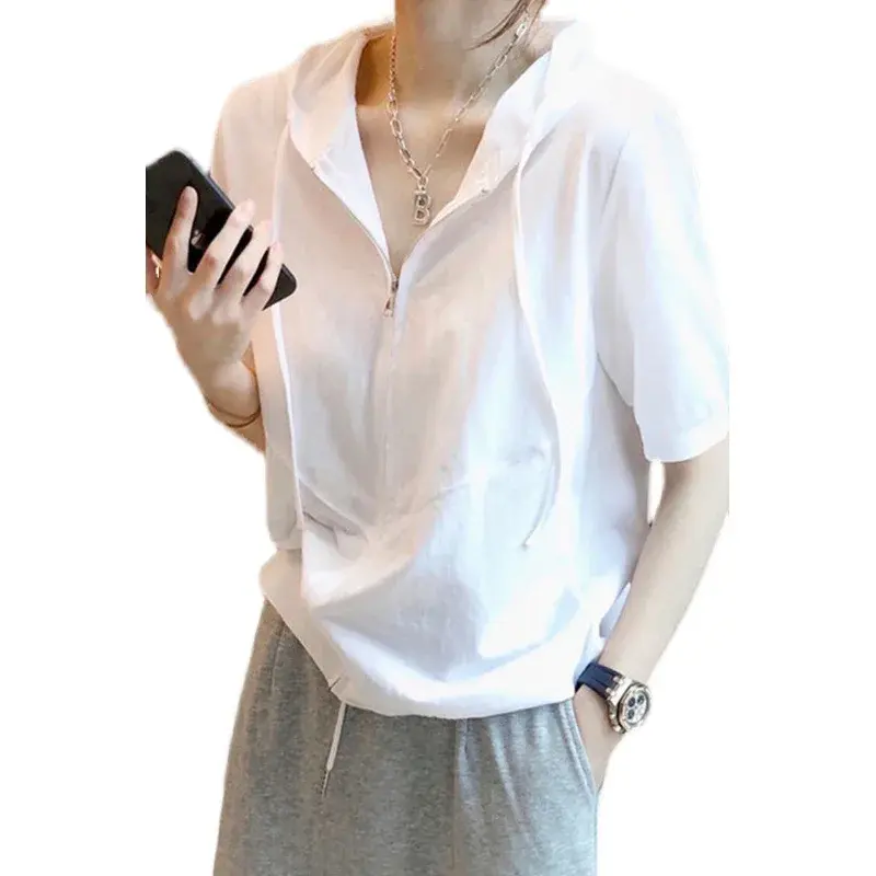 Trendy Cotton Zipper Hooded Top Women's Short Sleeves Casual Korean Style Spring Summer New Arrival Outside China Trade