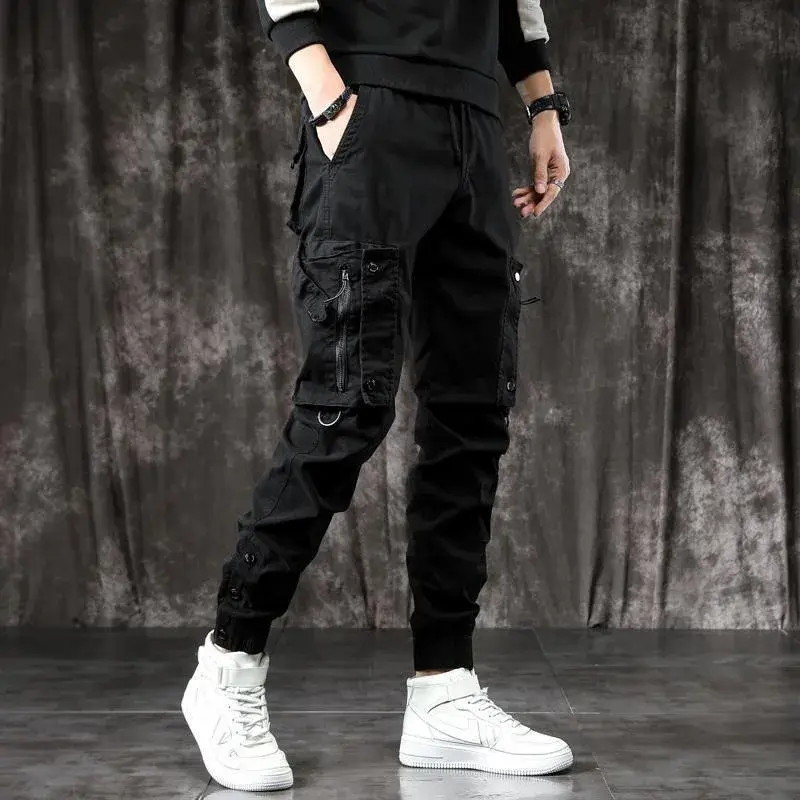 Trendy Men's Spring Autumn Cargo Pants Slim Fit Casual Style Loose Fit American Style Multiple Pocket Small Foot Pants Black