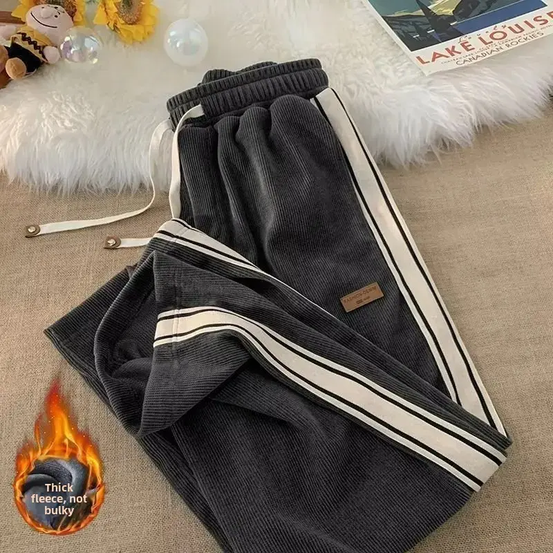 Autumn/Winter Fleece-Lined Loose-Fit Straight-Leg Casual Trousers For Men And Boys Trendy Sports Casualtrousers High Street Summ