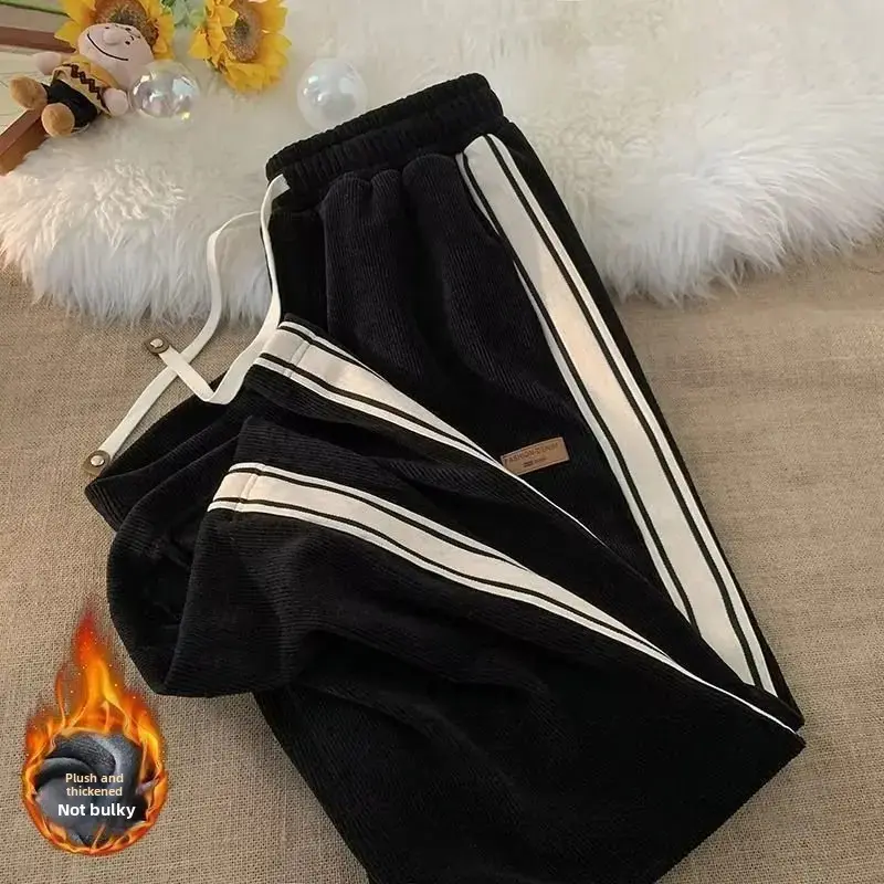 Autumn/Winter Fleece-Lined Loose-Fit Straight-Leg Casual Trousers For Men And Boys Trendy Sports Casualtrousers High Street Summ